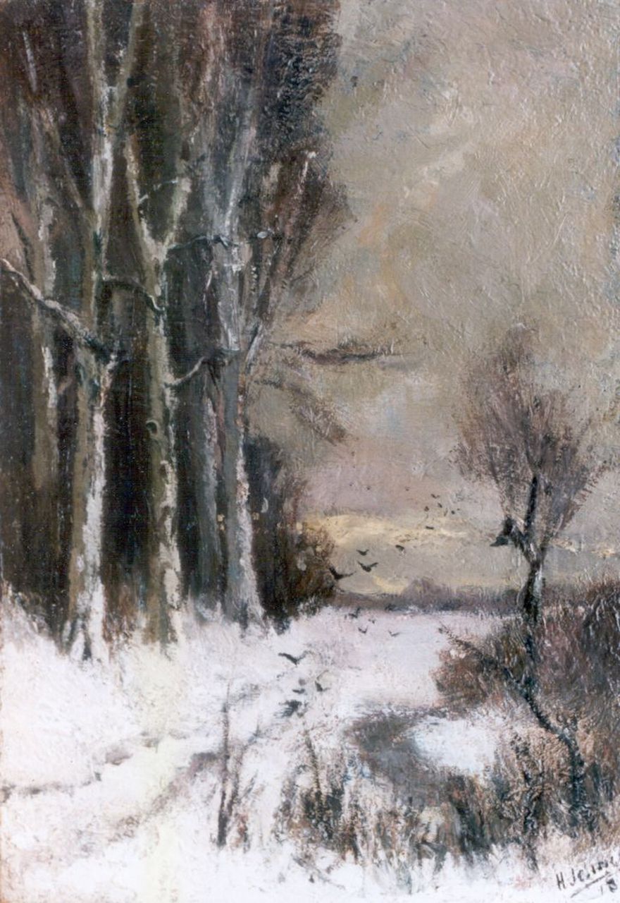 Jelinger H.A.  | Henri Adriaan 'Han' Jelinger, A winter landscape, oil on canvas 27.4 x 19.2 cm, signed l.r. and dated 1918