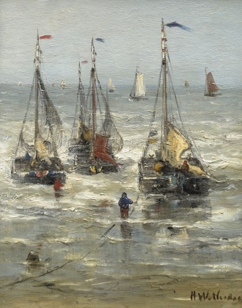 Mesdag H.W.  | Hendrik Willem Mesdag, Sailing out to sea, oil on panel 30.0 x 24.8 cm, signed l.r.