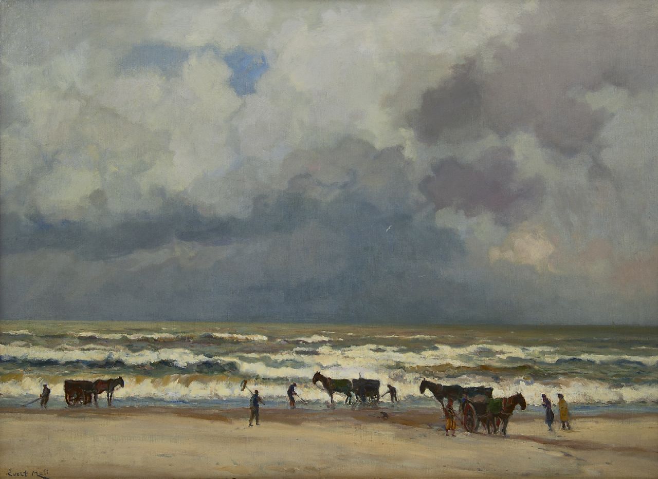 Moll E.  | Evert Moll, Shrimp fishing on the beach, oil on canvas 66.0 x 91.0 cm, signed l.l.