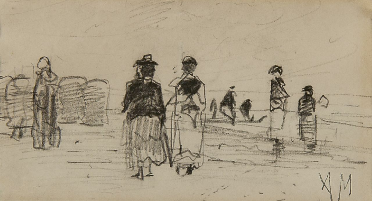 Mauve A.  | Anthonij 'Anton' Mauve, Strolling along the beach, pencil on paper 7.7 x 13.4 cm, signed l.r. with studio stamp (AM)