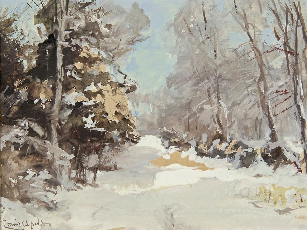 Apol L.F.H.  | Lodewijk Franciscus Hendrik 'Louis' Apol, Winter forest path, gouache on paper 15.5 x 20.6 cm, signed l.l.