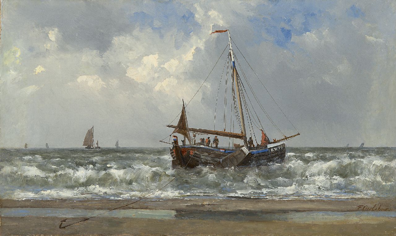 Carlebur F.  | François Carlebur, The 'Katwijk 16' in the surf, oil on canvas 30.7 x 51.0 cm, signed l.r.