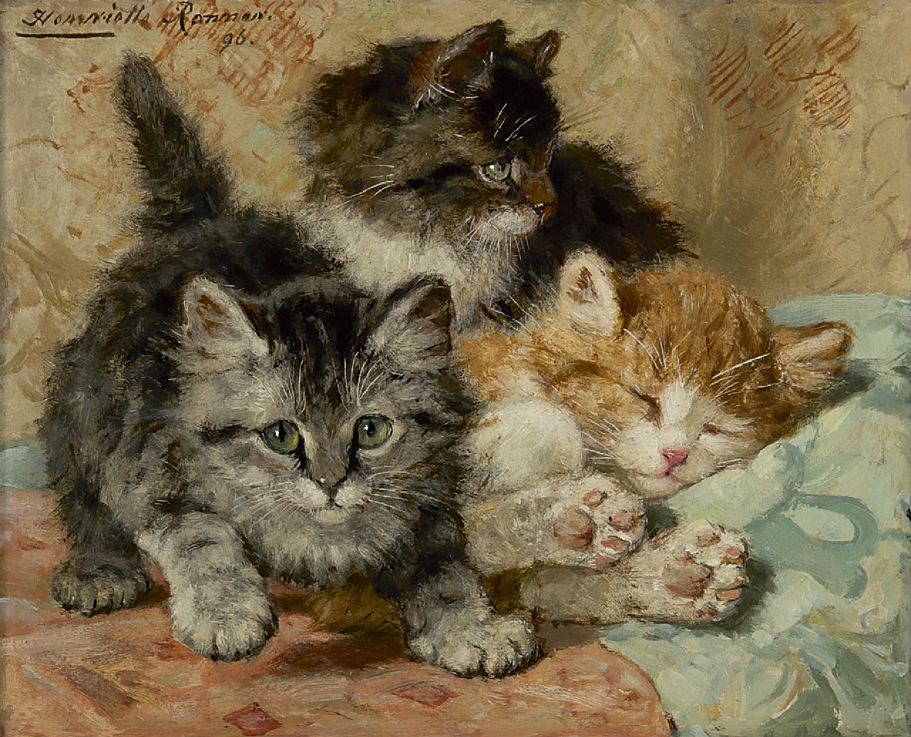 Ronner-Knip H.  | Henriette Ronner-Knip, Three cats, oil on panel 19.6 x 23.6 cm, signed u.l. and dated '96