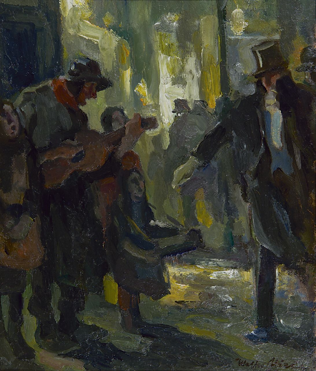 Miehe W.  | Walter Miehe, Near the theatre, oil on board 35.2 x 29.2 cm, signed l.r. and dated '23