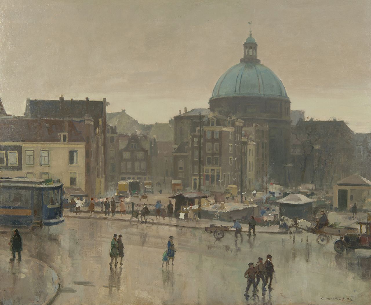 Vreedenburgh C.  | Cornelis Vreedenburgh | Paintings offered for sale | The Prins Hendrikkade, Amsterdam, with the Stromarkt and the Ronde Lutherse Kerk, oil on canvas 59.3 x 72.8 cm, signed l.r. and dated 1931