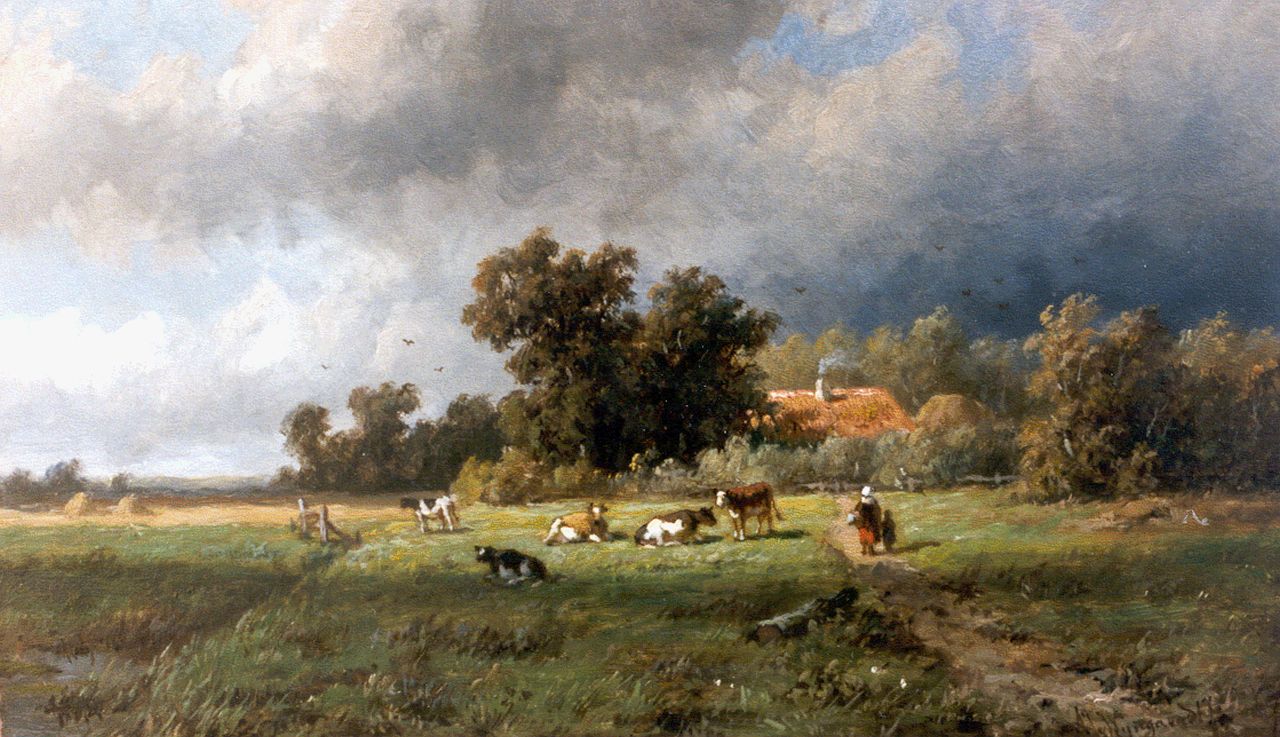 Wijngaerdt A.J. van | Anthonie Jacobus van Wijngaerdt, Cattle in a landscape, oil on panel 18.0 x 30.1 cm, signed l.r.