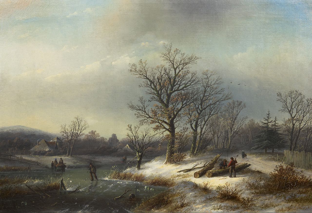 Spohler J.J.C.  | Jacob Jan Coenraad Spohler, Winter landscape with jumberjacks and skaters, oil on canvas 65.0 x 95.3 cm, signed l.l.