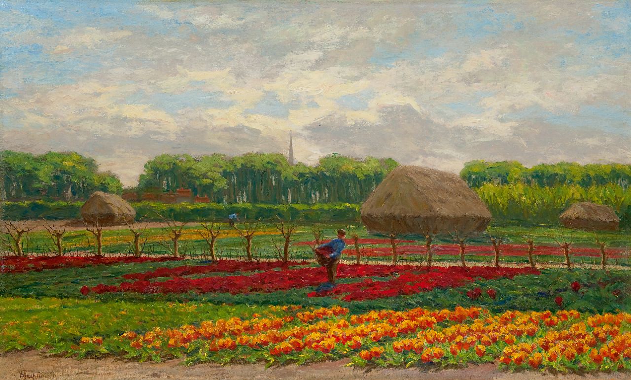 Bleckmann W.C.C.  | Wilhelm Christiaan Constant Bleckmann, Farmers working in a bulb field, oil on canvas 58.4 x 95.5 cm, signed l.l.