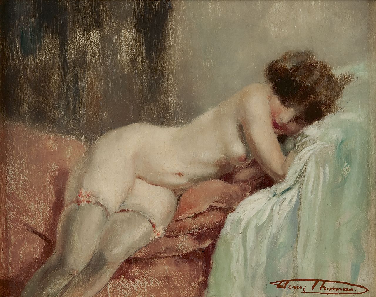 Thomas H.J.  | Henri Joseph Thomas, Reclining nude, oil on panel 23.1 x 28.7 cm, signed l.r.