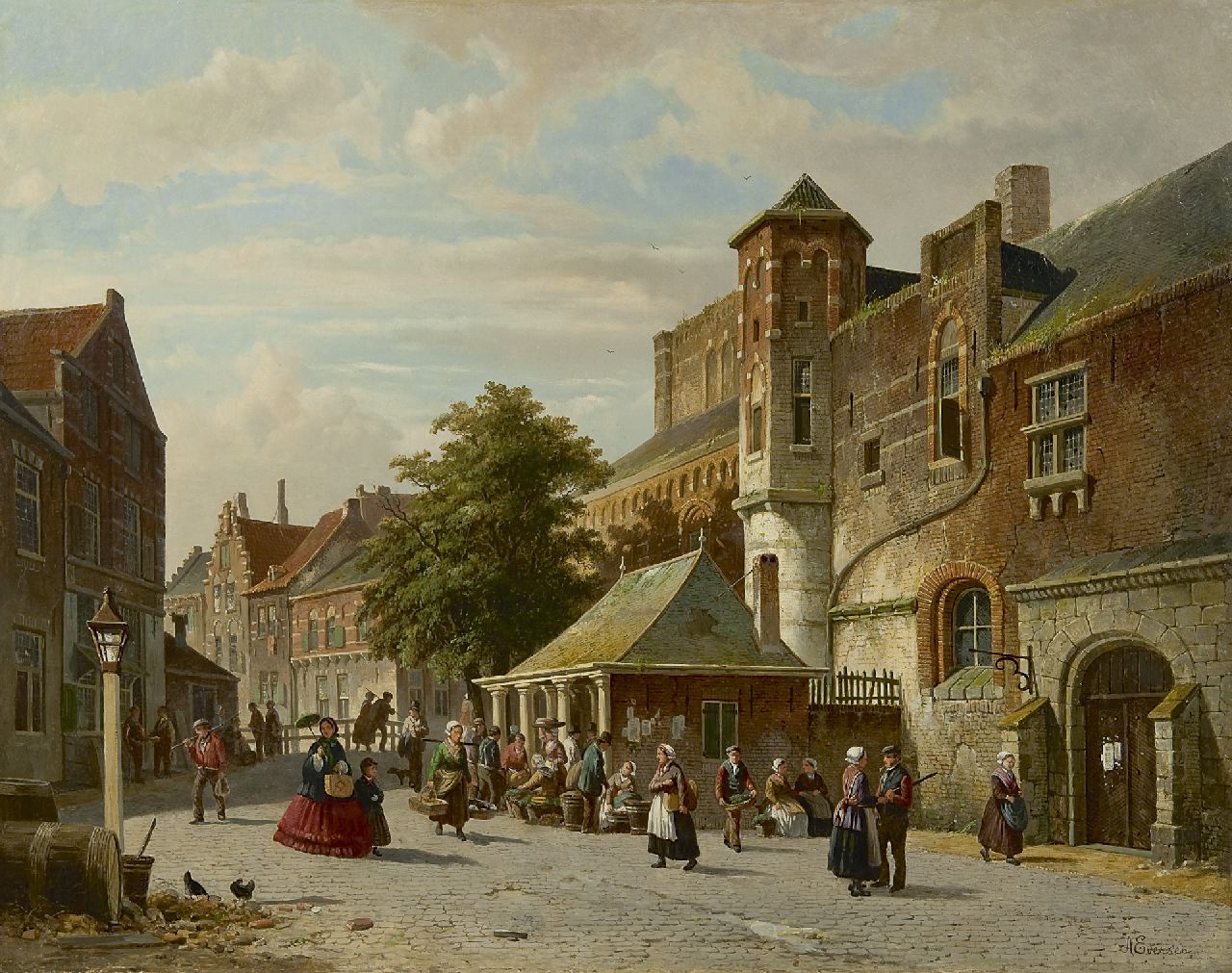 Eversen A.  | Adrianus Eversen, A town view with a fish stall, oil on canvas 56.2 x 70.2 cm, signed l.r. and l.l. with monogram