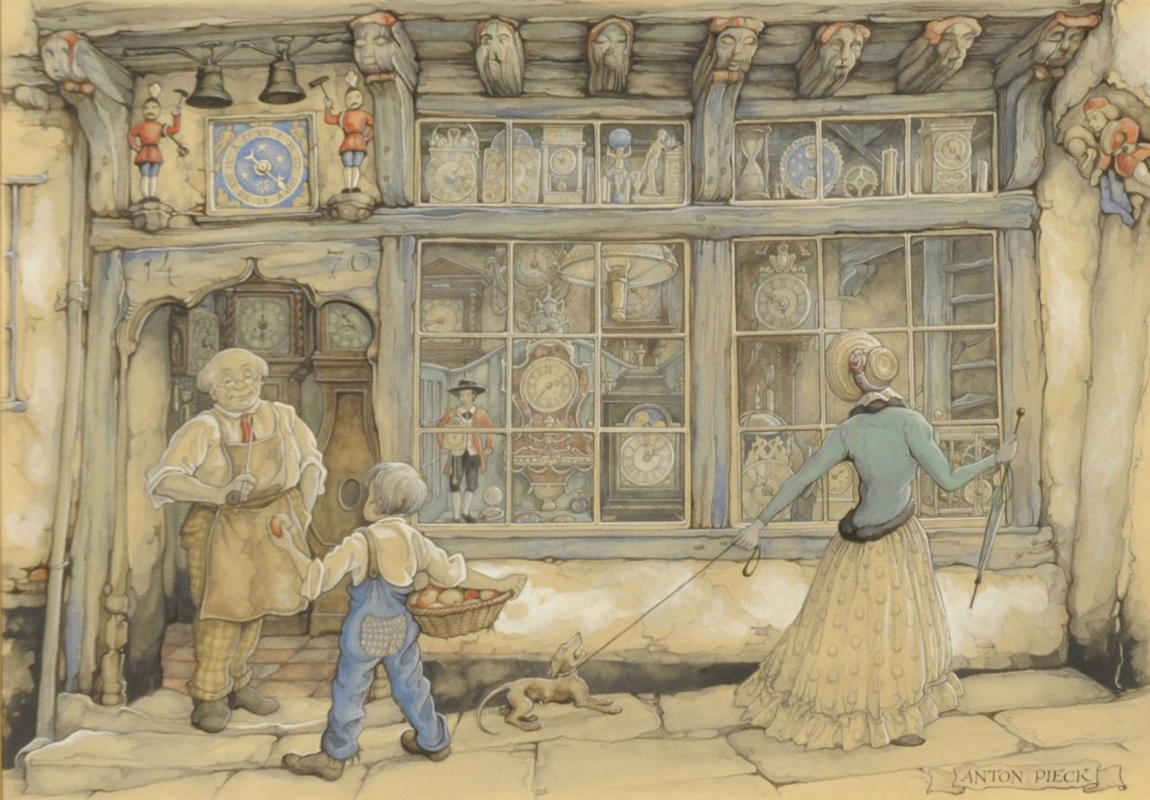 Pieck A.F.  | 'Anton' Franciscus Pieck, The clockmaker, watercolour on paper 24.2 x 34.5 cm, signed l.r.