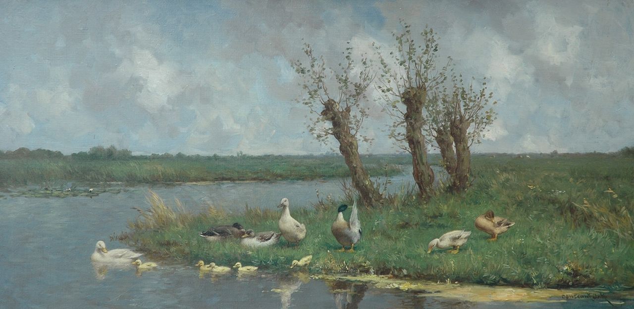 Artz C.D.L.  | 'Constant' David Ludovic Artz, A Dutch polder landscape with pollard willows and ducks, oil on canvas 40.0 x 80.5 cm, signed l.r.