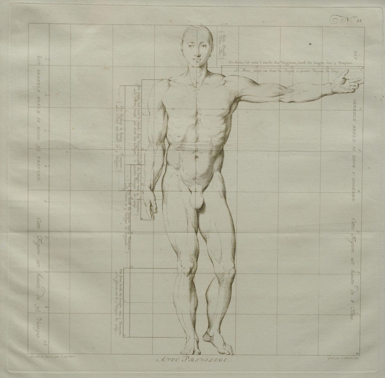 Wit J. de | Jacob de Wit, The ideal proportions of the human body - Male (no.II), etching on paper 40.0 x 40.0 cm