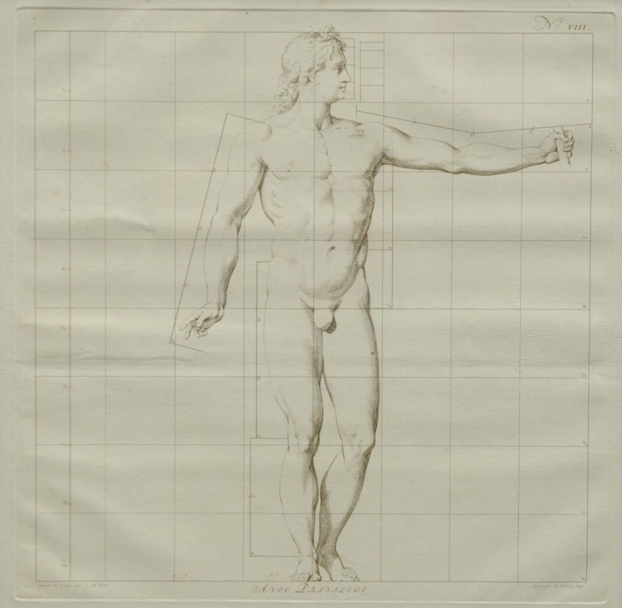 Wit J. de | Jacob de Wit, The ideal proportions of the human body - Man (no.VIII)     The ideal proportions of the human body - Man  (no.VIII), etching on paper 40.0 x 40.0 cm