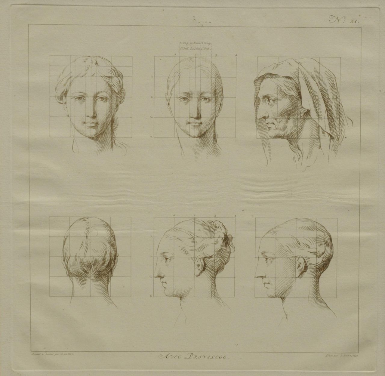 Wit J. de | Jacob de Wit, The ideal proportions of the human body - Head of a woman (no.XI), etching on paper 40.0 x 40.0 cm