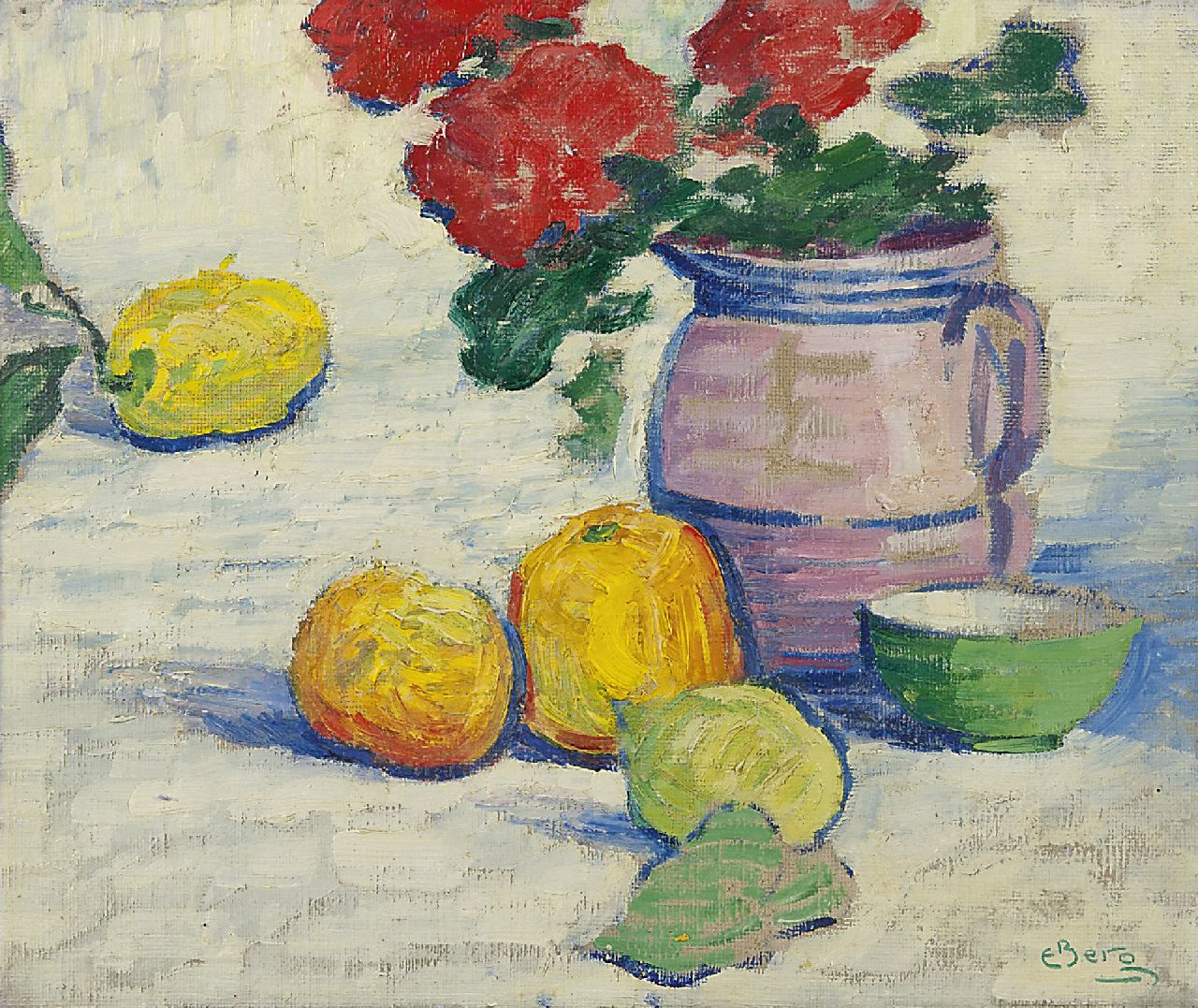 Berg E.  | Else Berg, A still life with fruit and jug, oil on painter's board 36.0 x 43.3 cm, signed l.r. and on the reverse