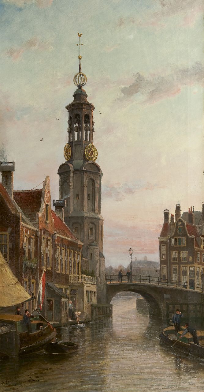 Dommelshuizen C.C.  | Cornelis Christiaan Dommelshuizen, A view of the Munttoren in Amsterdam, oil on canvas 97.5 x 51.8 cm, signed l.l. with initials