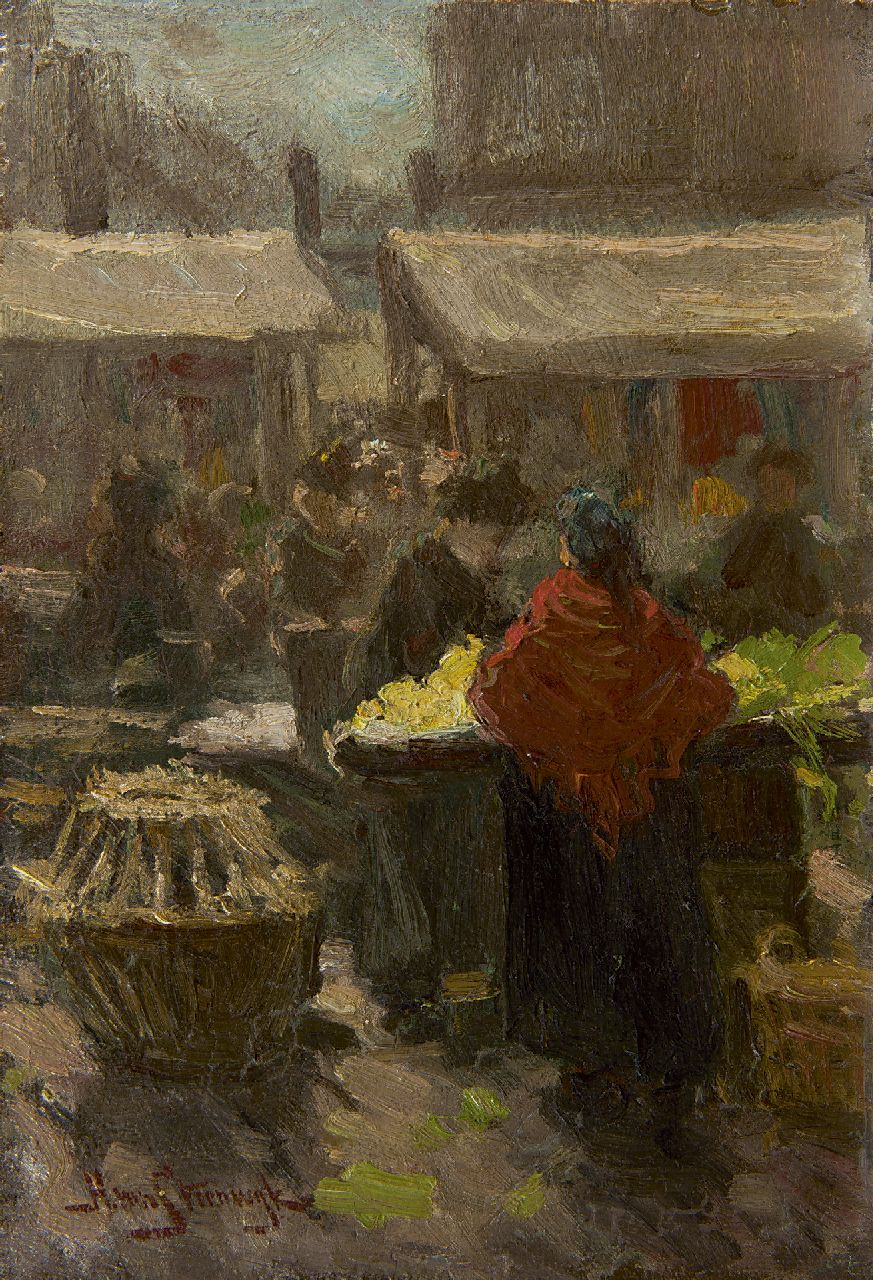 Steenwijk H. van | Hendrik van Steenwijk | Paintings offered for sale | Figures at a marketplace, oil on panel 27.8 x 19.4 cm, signed l.l.