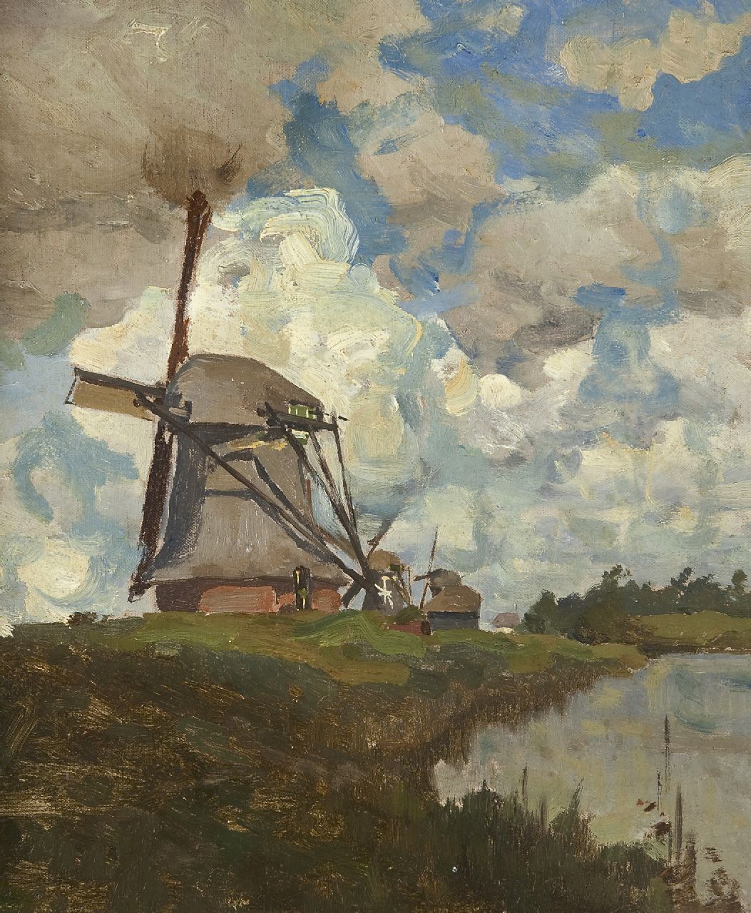 Tholen W.B.  | Willem Bastiaan Tholen, The windmills near Giethoorn, oil on canvas laid down on panel 32.5 x 27.0 cm, signed l.r.