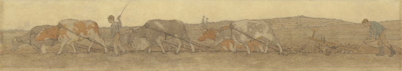 Breman A.J.  | Ahazueros Jacobus 'Co' Breman, Ploughing farmers, chalk and gouache on paper 36.0 x 208.0 cm, signed l.r. and dated 1908