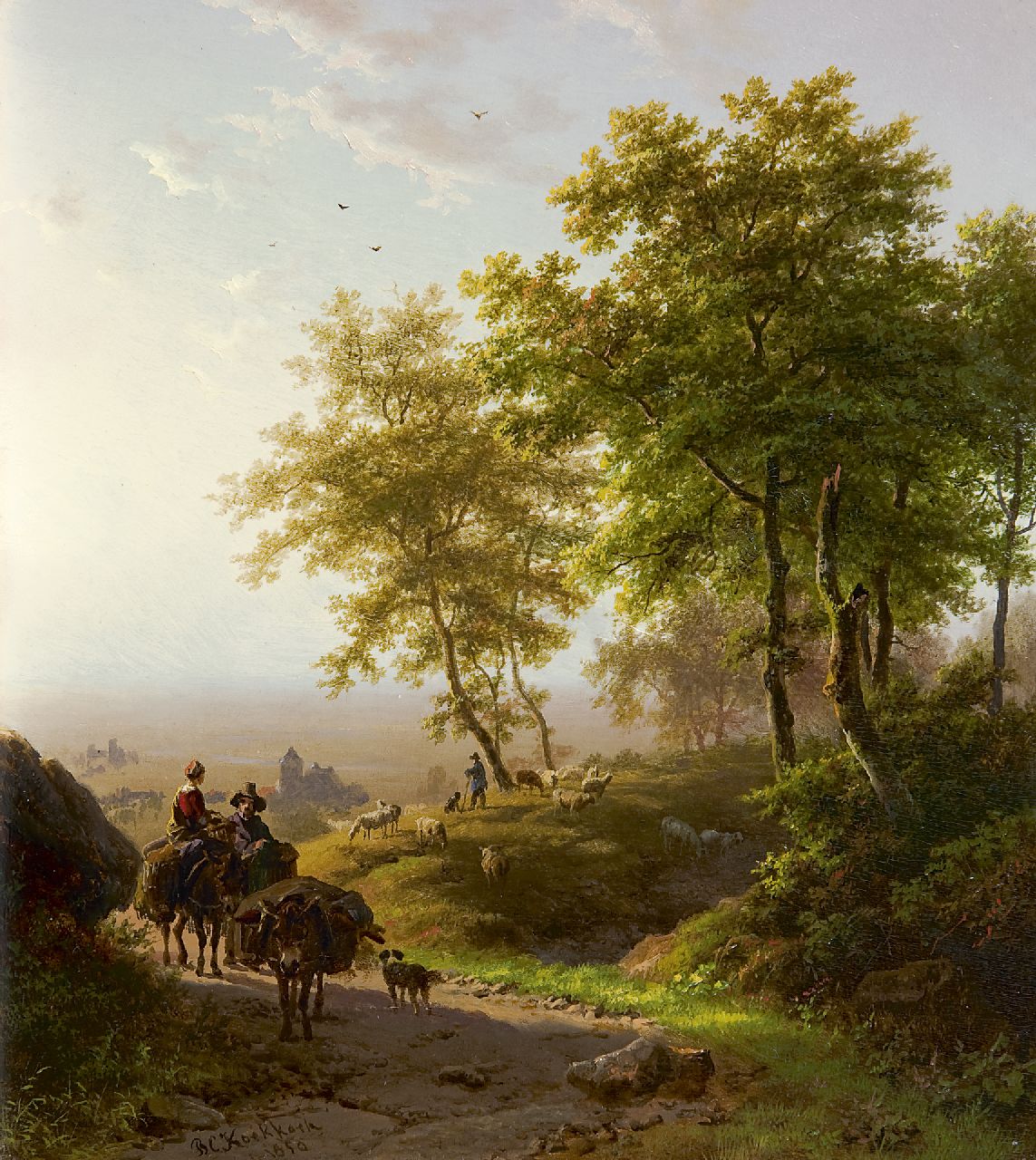 Koekkoek B.C.  | Barend Cornelis Koekkoek, A wooded landscape at dawn, oil on panel 24.1 x 21.4 cm, signed l.l. and dated 1850