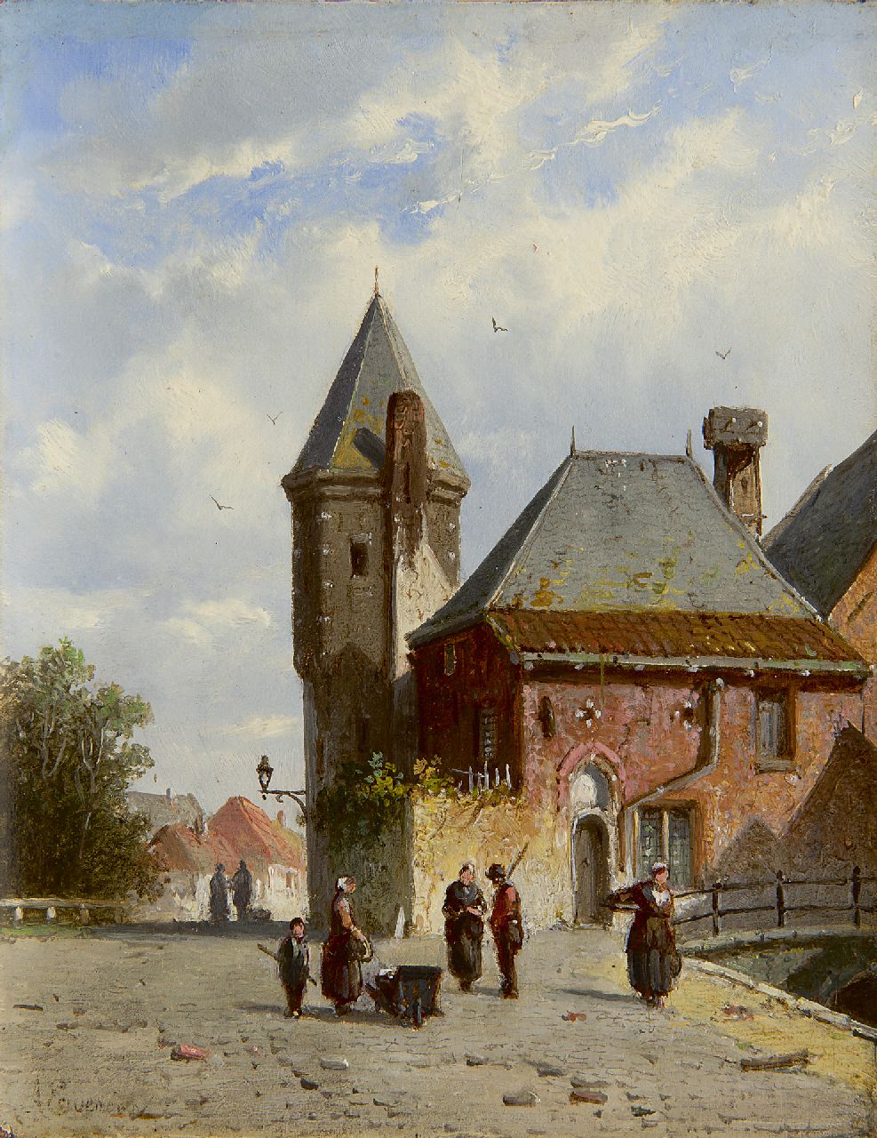 Eversen A.  | Adrianus Eversen, A sunny quai with figures and the Koppelpoort, Amersfoort, oil on panel 19.3 x 15.0 cm, signed l.l. and on a label on the reverse