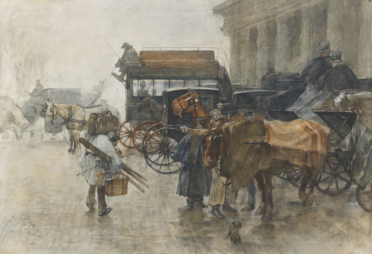 Josselin de Jong P. de | Pieter de Josselin de Jong, Carriages at the station Hollandse Spoor, The Hague, watercolour on paper 41.0 x 58.0 cm, signed l.l. and dated Maart (March) 1888