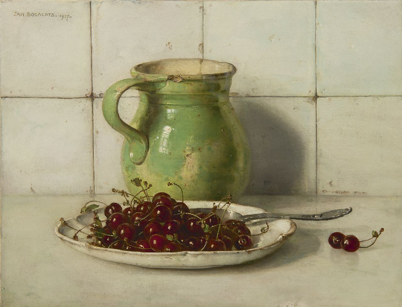Bogaerts J.J.M.  | Johannes Jacobus Maria 'Jan' Bogaerts, Still life with cherries and stoneware can, oil on canvas 35.3 x 46.0 cm, signed u.l. and dated 1937