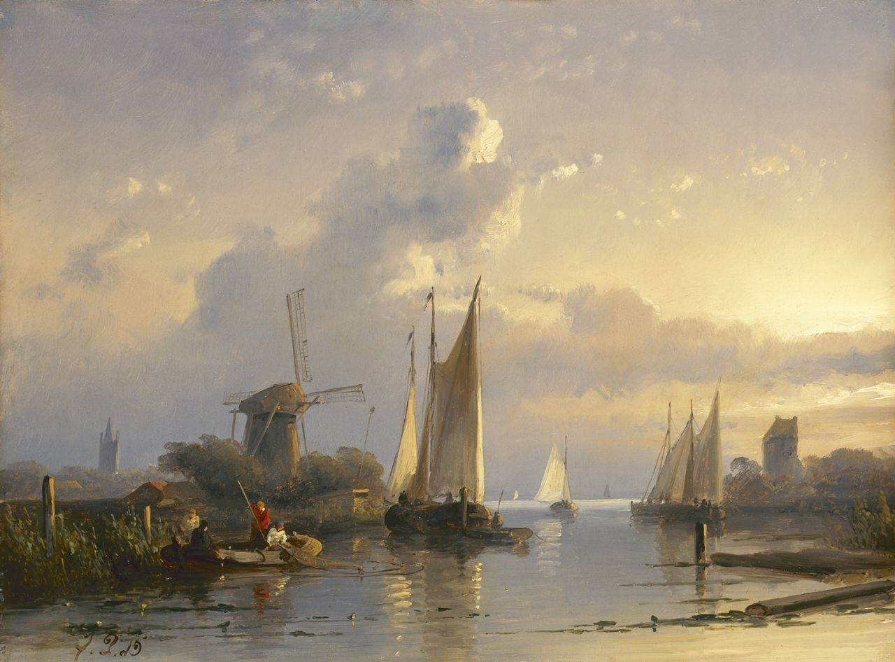 Leickert C.H.J.  | 'Charles' Henri Joseph Leickert, Zomers rivierlandschap bij avondschemering, oil on panel 24.8 x 33.0 cm, gesigneerd rechtsonder mon