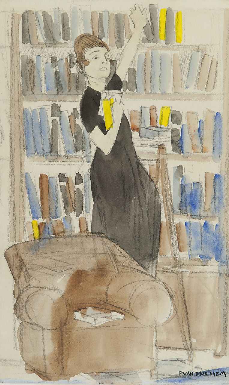 Hem P. van der | Pieter 'Piet' van der Hem, The librarian, chalk and watercolour on paper 33.4 x 20.0 cm, signed l.r.