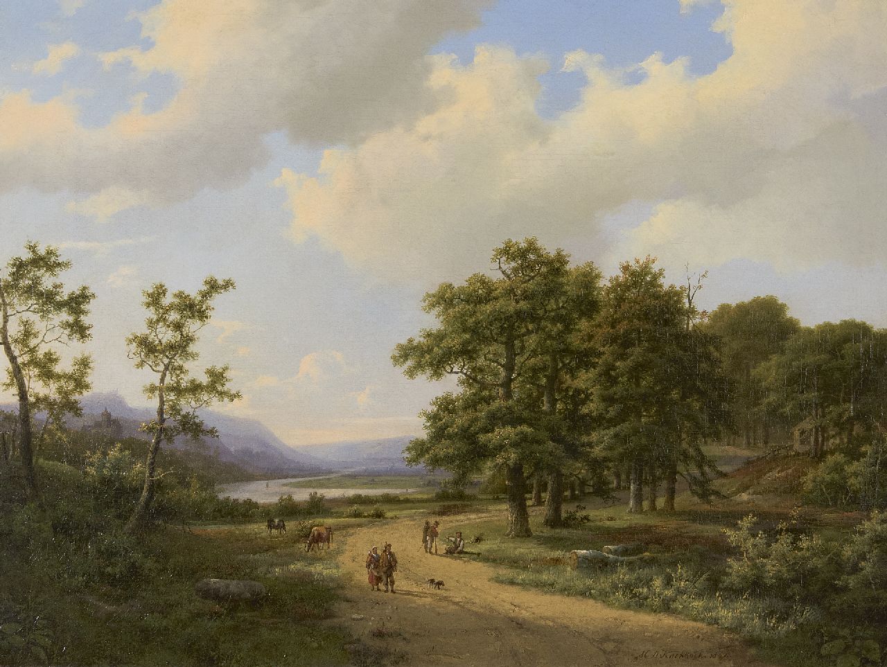 Koekkoek I M.A.  | Marinus Adrianus Koekkoek I, Landscape with trees and figures on a country road, oil on canvas 47.0 x 62.0 cm, signed right of the centre and dated 1862