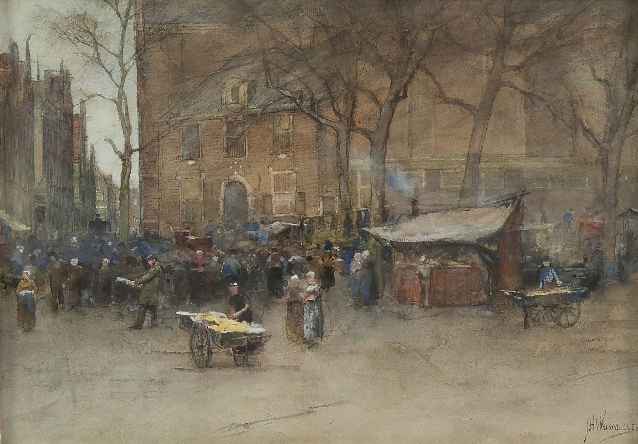 Wijsmuller J.H.  | Jan Hillebrand Wijsmuller, The market near the Noorderkerk, Amsterdam, pencil and watercolour on paper 27.5 x 38.9 cm, signed l.r.