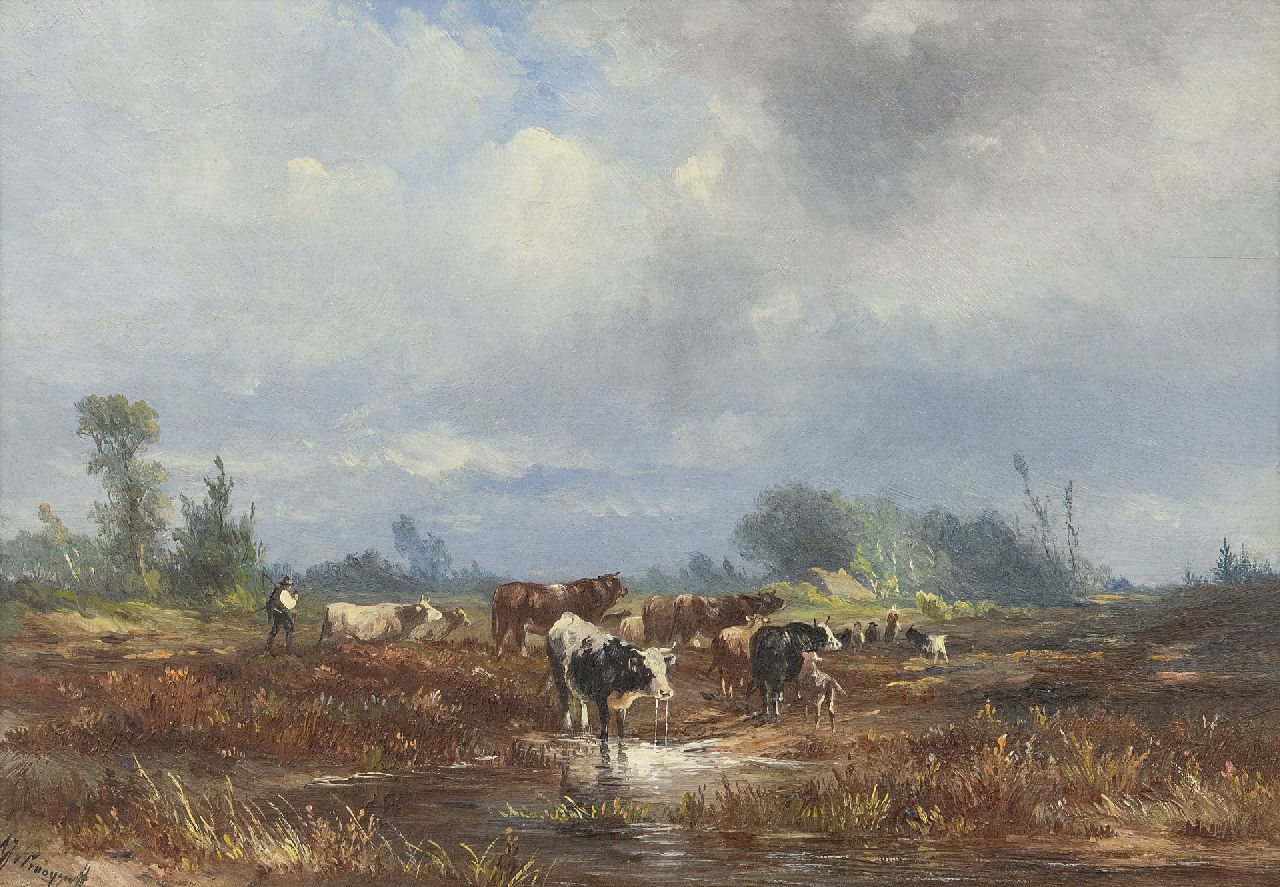 Prooijen A.J. van | Albert Jurardus van Prooijen | Paintings offered for sale | Heathland with shepherds and flock, oil on panel 19.7 x 28.5 cm, signed l.l.