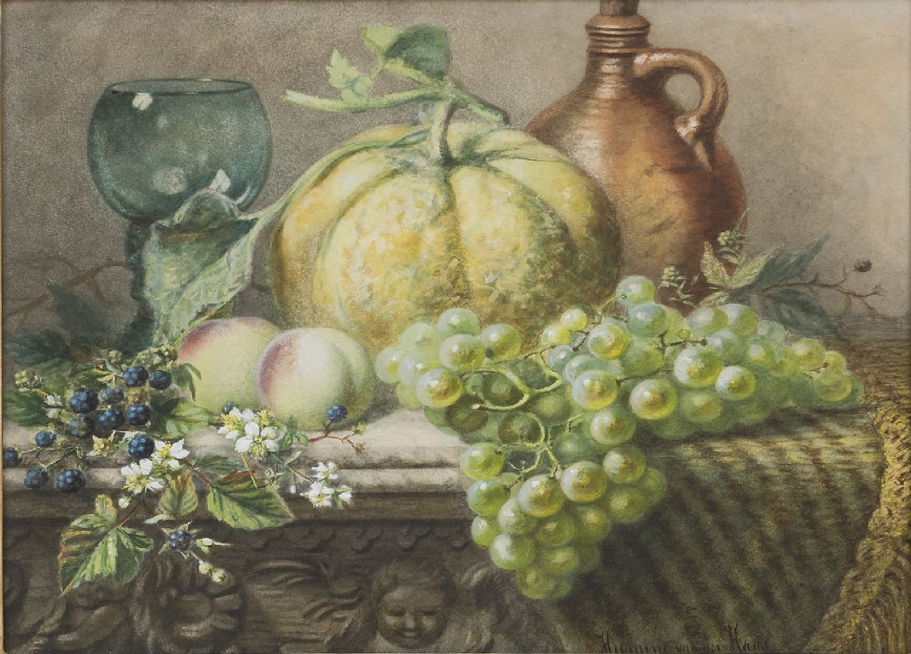 Haas C.P.H. van der | Charlotte Petronella 'Hermina' van der Haas | Watercolours and drawings offered for sale | Still life with fruit and a rummer, watercolour on paper 39.1 x 48.8 cm, signed l.r.