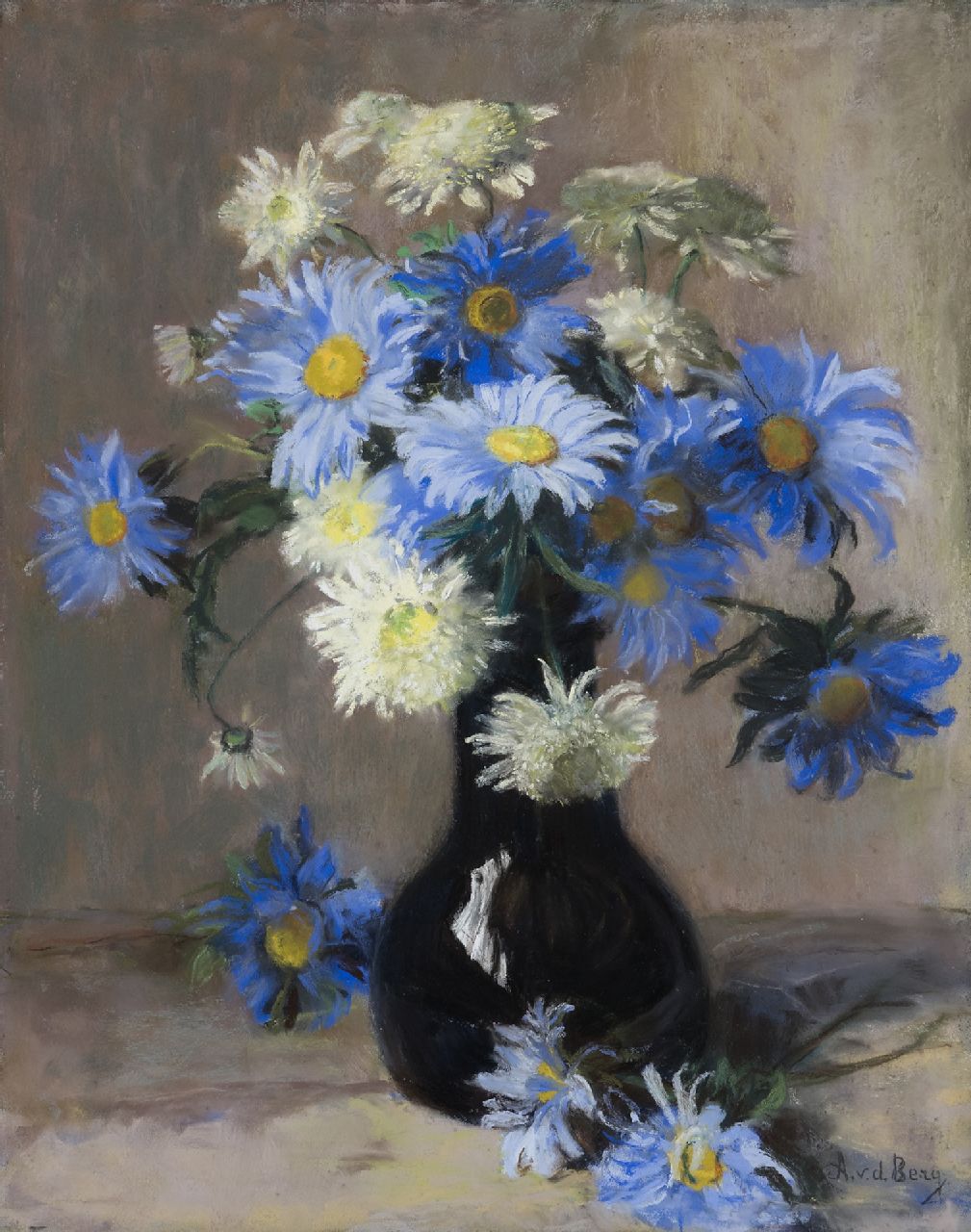Ans van den Berg | Flower still life with chrysanthemums and aster  chrysanthemums, pastel on paper, 49.0 x 39.0 cm, signed l.r.