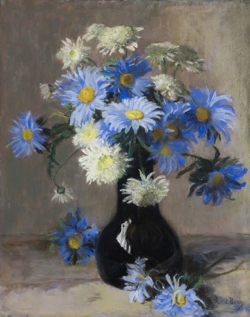 Ans van den Berg | Flower still life with chrysanthemums and aster  chrysanthemums, pastel on paper, 49.0 x 39.0 cm, signed l.r. and zonder lijst