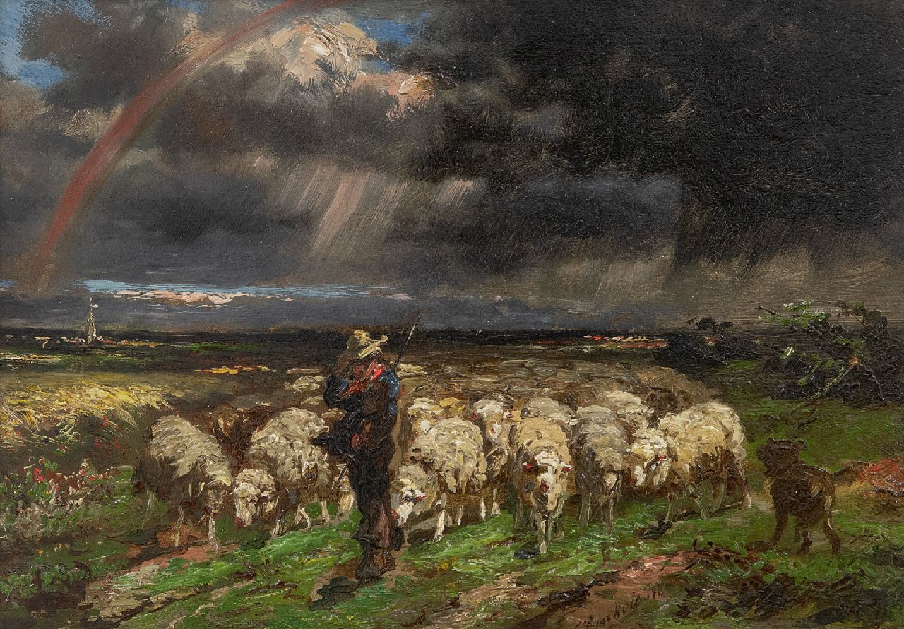 Franse School, 19e eeuw   | Franse School, 19e eeuw | Paintings offered for sale | A flock of sheep fleeing from the thunder/rainbow, oil on panel 18.7 x 27.0 cm, signed c.r.