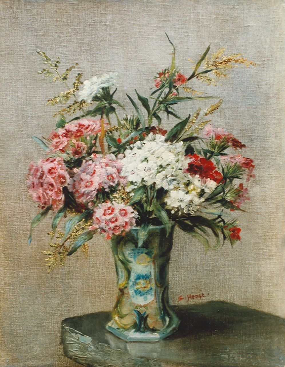 Hense S.  | Sara Hense, Flower still life, oil on canvas laid down on panel 40.7 x 31.7 cm, signed u.r.