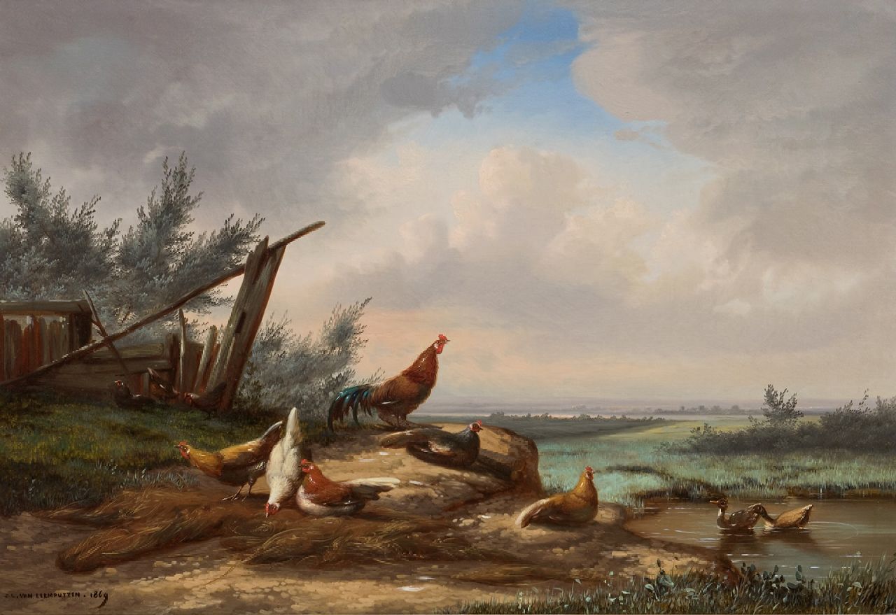 Leemputten J.L. van | Jean-Baptiste Leopold van Leemputten | Paintings offered for sale | Rooster and chickens by a fence, oil on panel 33.0 x 48.2 cm, signed l.l. and dated 1869