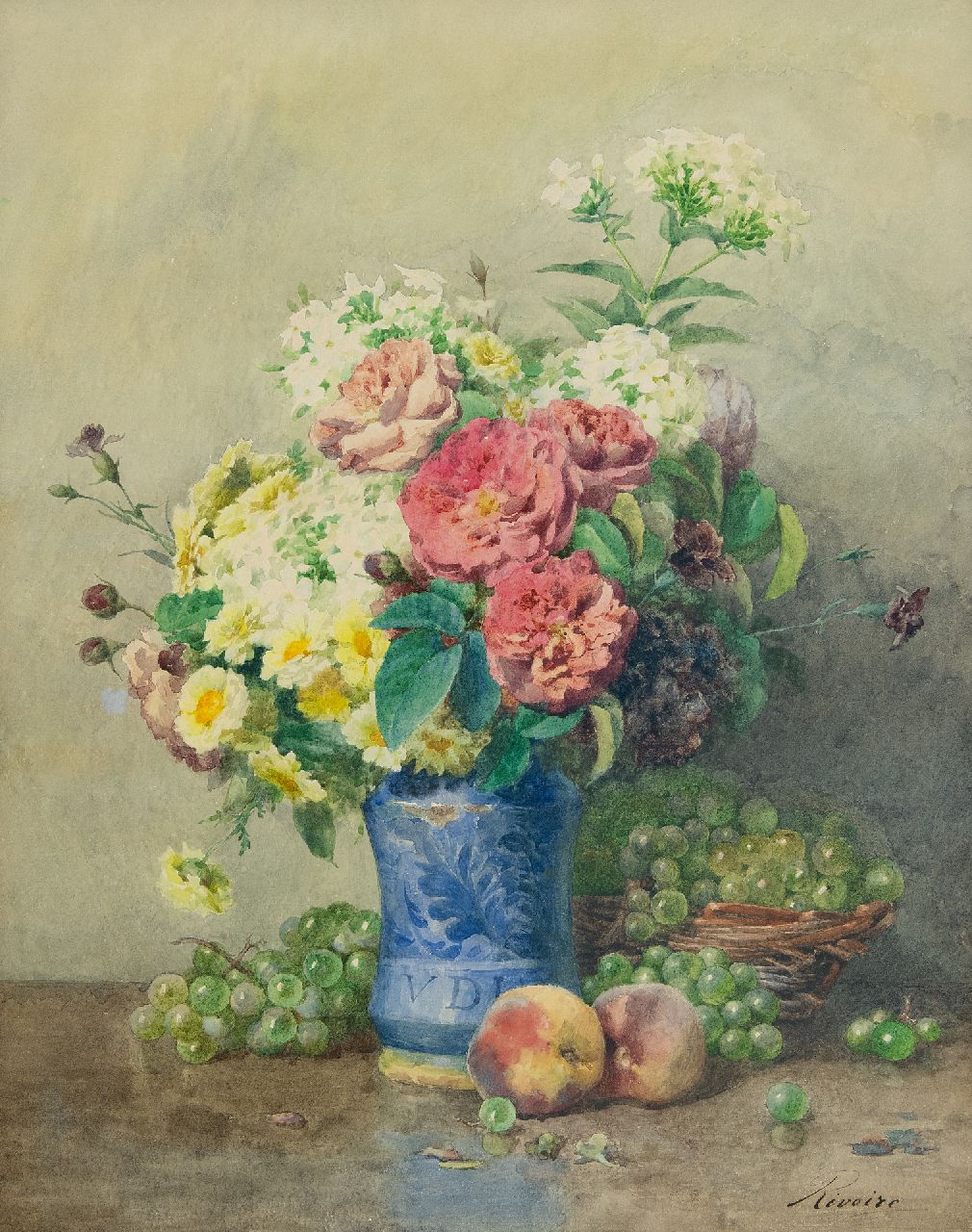 François Rivoire | Still life with roses, phloxes and fruit, watercolour on paper, 58.4 x 46.4 cm, signed l.r.