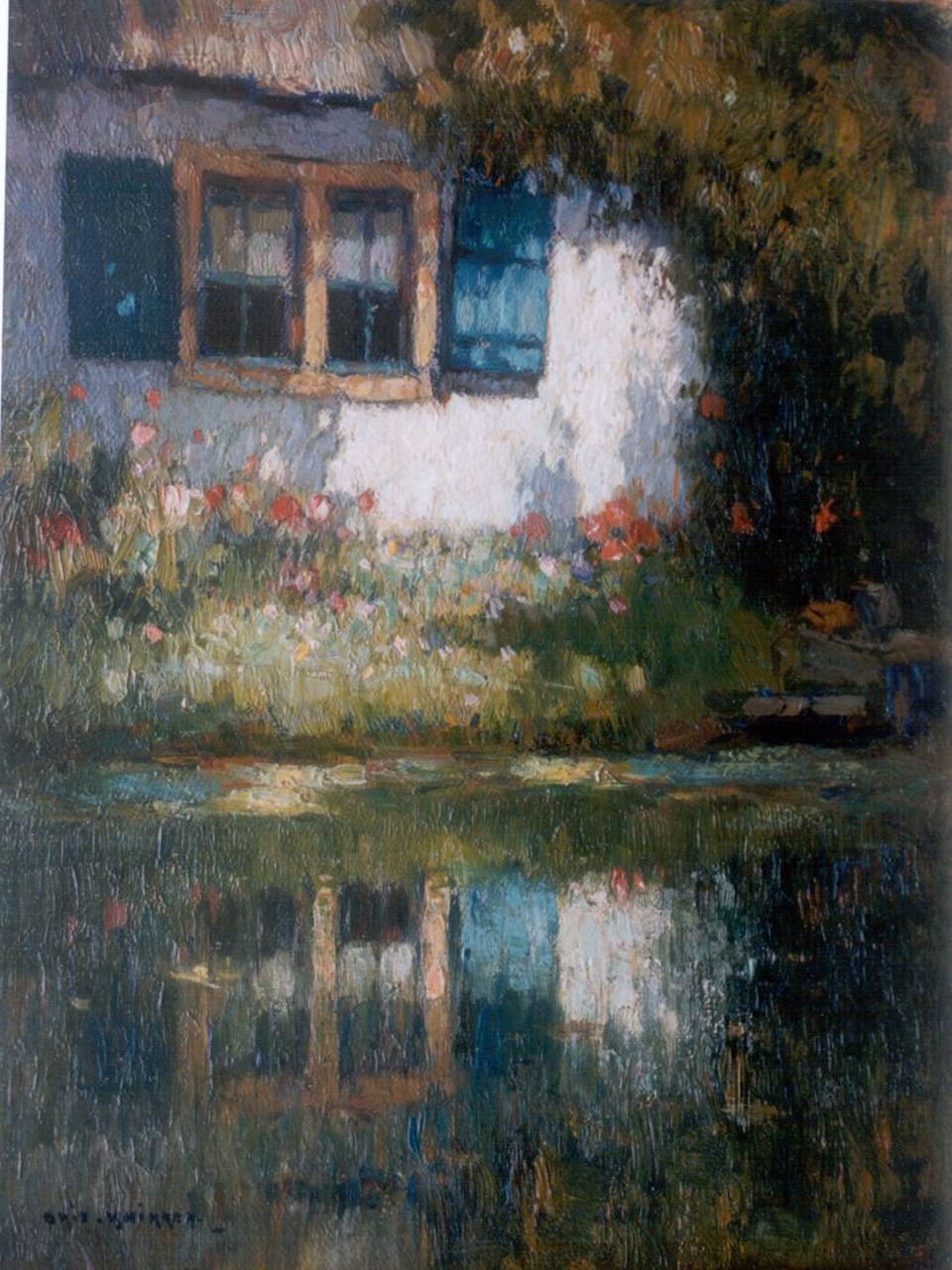 Knikker A.  | Aris Knikker, A farm by a stream, oil on canvas laid down on panel 24.0 x 18.0 cm, signed l.l.