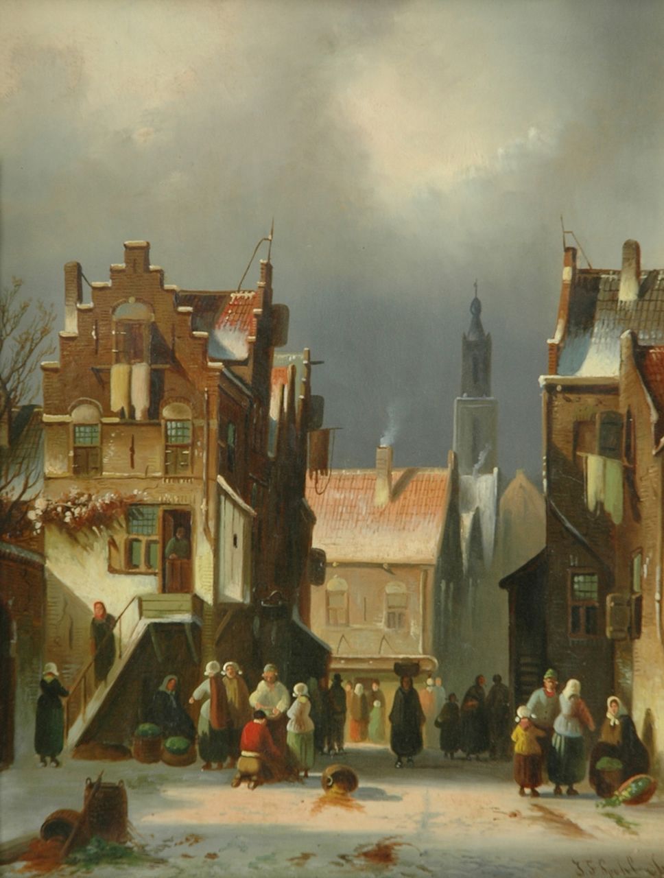 Spohler J.F.  | Johannes Franciscus Spohler, Winter city view with figures, oil on panel 36.0 x 28.1 cm, signed l.r.
