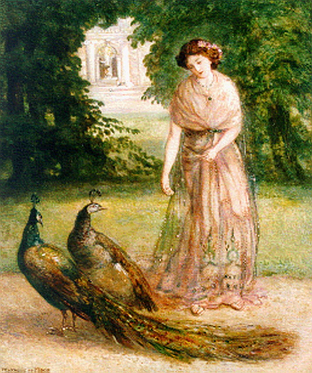 Moor P.C. de | Pieter Cornelis de Moor, An elegant lady feeding peacocks, oil on canvas 38.5 x 32.0 cm, signed l.l.