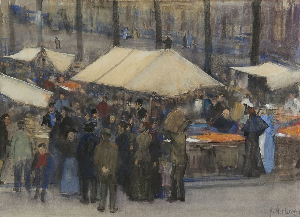 Arntzenius P.F.N.J.  | Pieter Florentius Nicolaas Jacobus 'Floris' Arntzenius | Watercolours and drawings offered for sale | Market scene, Prinsegracht,  The Hague, watercolour on paper 32.2 x 43.1 cm, signed l.r.