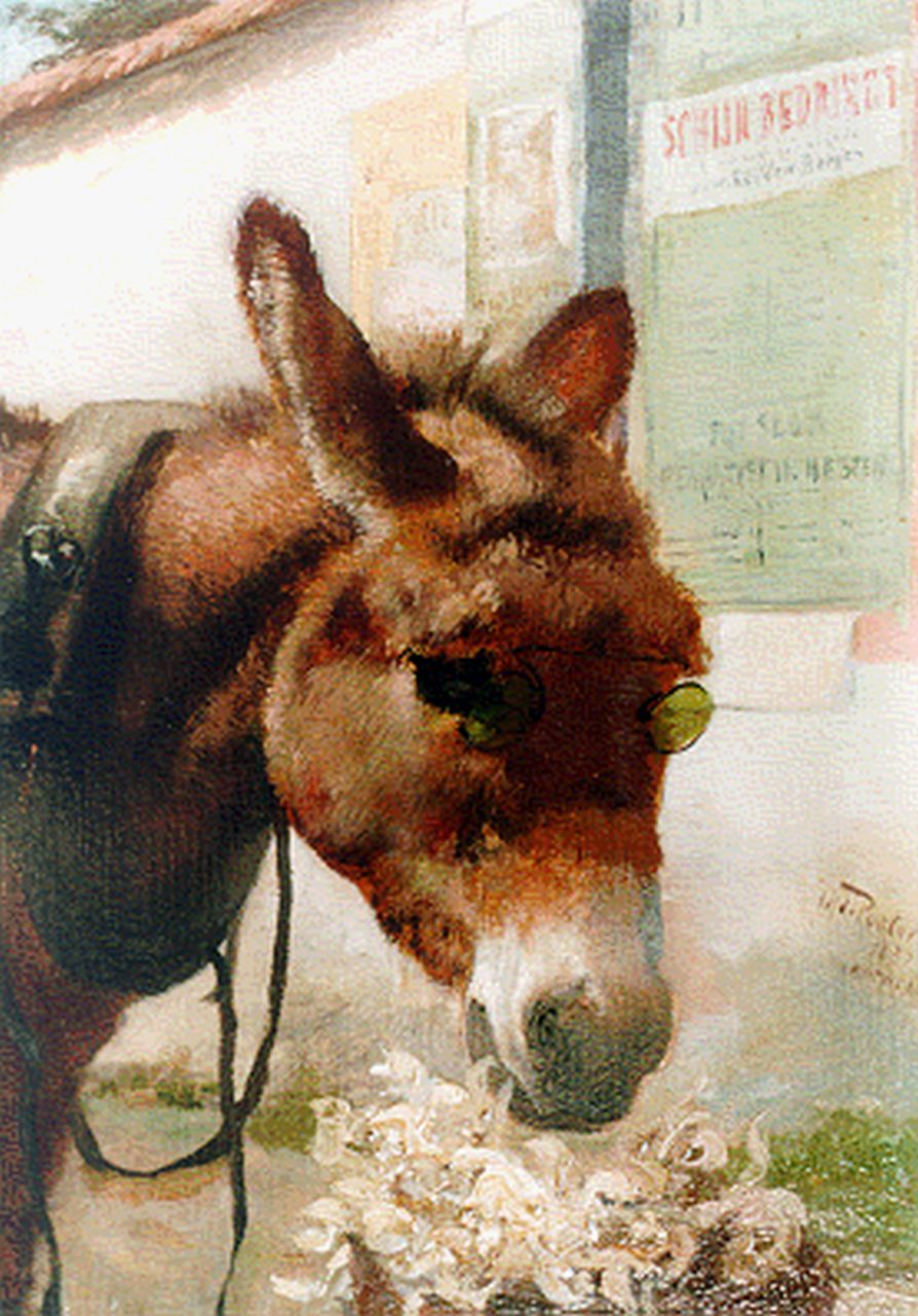 Pooter J. de | Jef de Pooter, A donkey, oil on panel 20.0 x 15.0 cm, signed l.r. and dated 1882