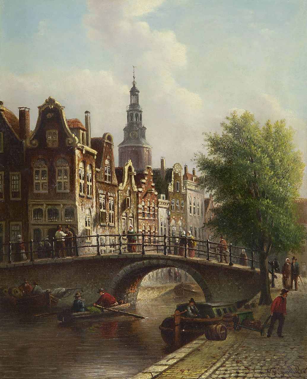 Spohler J.F.  | Johannes Franciscus Spohler, A Dutch town view with the Montelbaanstoren, oil on panel 30.0 x 24.2 cm, signed l.r.