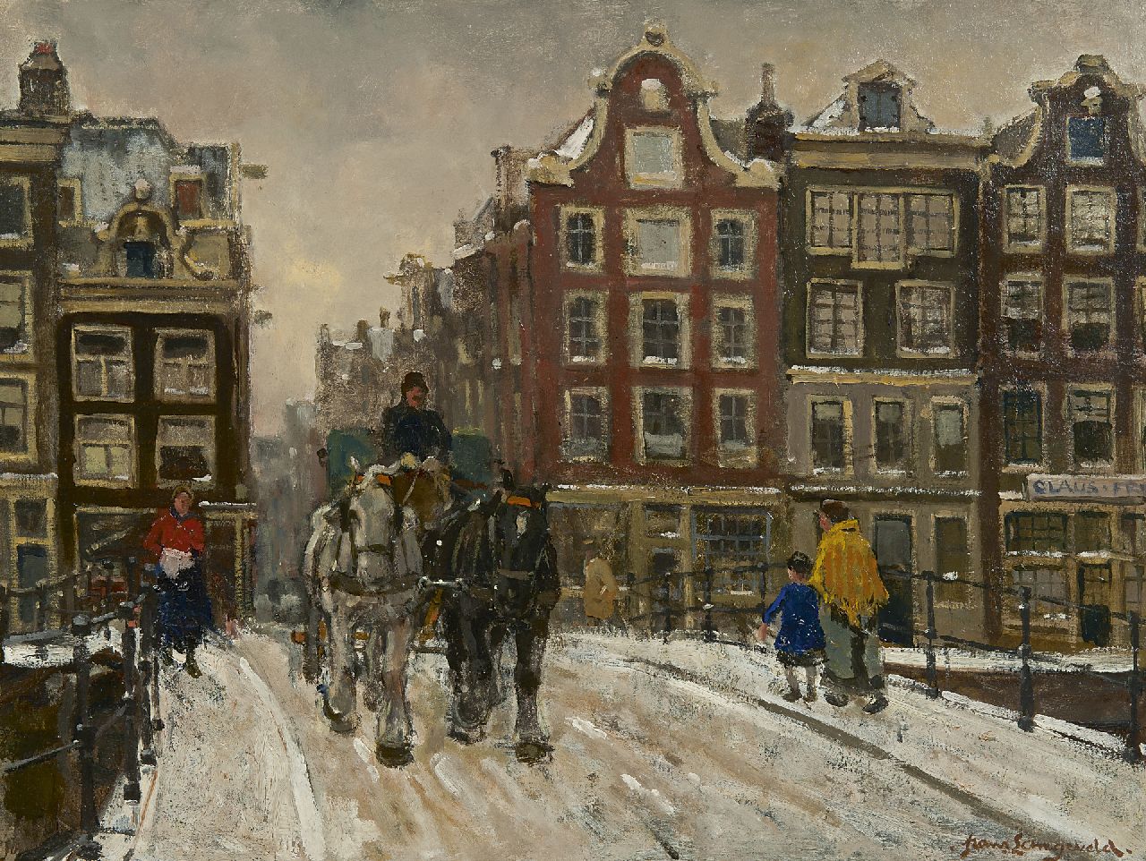 Langeveld F.A.  | Franciscus Arnoldus 'Frans' Langeveld, Horse and wagon on a snowy bridge, Amsterdam, oil on canvas 51.3 x 66.3 cm, signed l.r.
