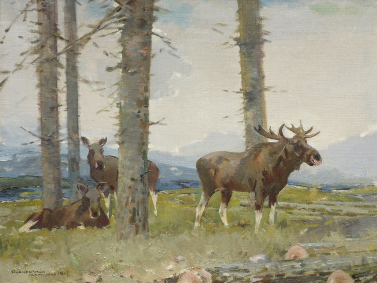 Hem P. van der | Pieter 'Piet' van der Hem, Elks near Alkvettern, Zweden, oil on canvas 60.5 x 80.5 cm, signed l.l.