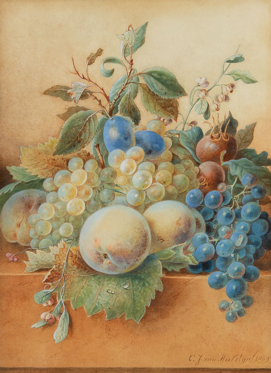 Hulstijn C.J. van | Cornelis Johannes 'Johan' van Hulstijn | Watercolours and drawings offered for sale | Still life with fruit on a marble ledge, watercolour on paper 37.3 x 27.4 cm, signed l.r. and dated 1869