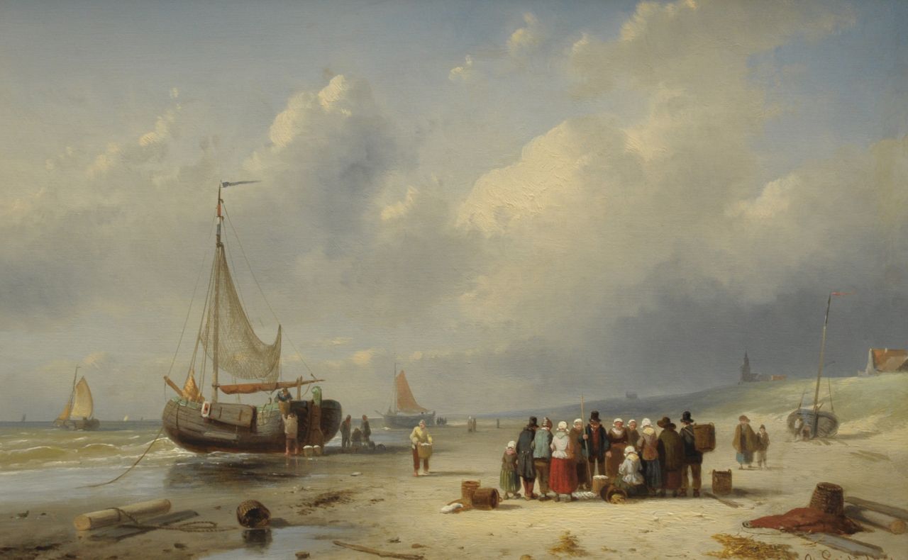 Leickert C.H.J.  | 'Charles' Henri Joseph Leickert, The beach of Scheveningen with barges and fishermen, oil on panel 25.8 x 39.4 cm, signed l.r. and dated '61